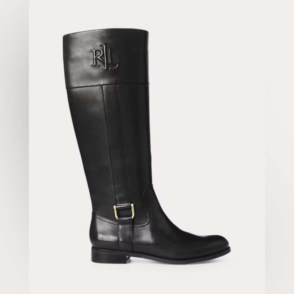 Ralph Lauren Black Bernadine Leather Knee High Low Heel Riding Boot Size 7.5